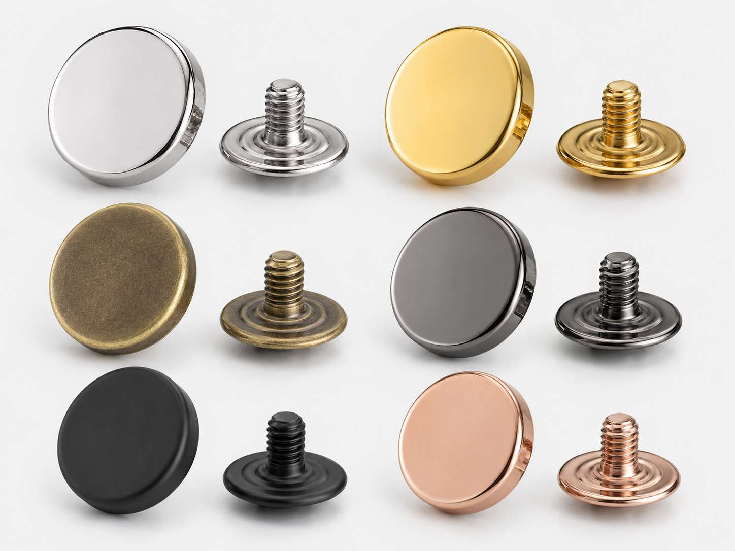 screw buttons, Six screw buttons with matching threaded posts are displayed in silver, gold, brass, gunmetal, black, and rose gold finishes.